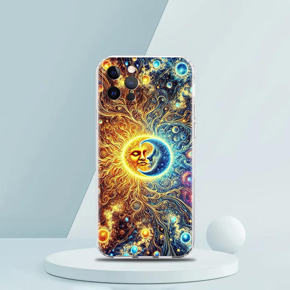 Мягкий прозрачный чехол-бампер из ТПУ для iPhone 16 15 14 13 12 11 Pro Max XR 8 7 Plus Ударопрочный корпус с узором Солнце Луна Звезды