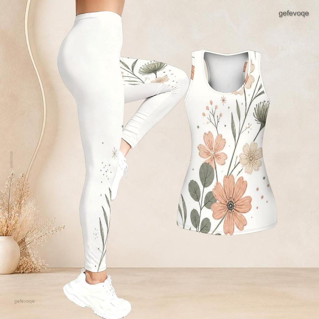 Women Plus Size Two Piece Set Scoop Neck Sleeveless Floral Printed Cream White Tank Top And Fitted Pants