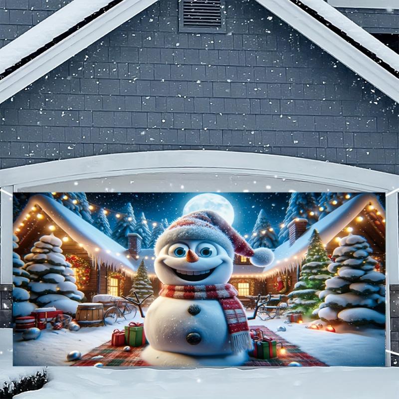 1pc 2D flat snowman-themed Christmas garage banner featuring festive snowy scenery and string lights, no power source required