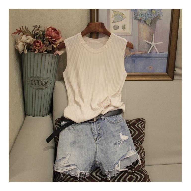 Летняя майка с круглым вырезом, женская, с широкими бретелями, тонкая внутренняя часть без рукавов, трикотажный однотонный верх, полиэстеровый жилет