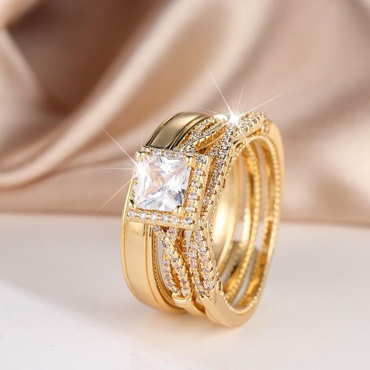 Трехэлементный набор колец Rose Gold с бриллиантами, цирконием, полностью бриллиантовый, женское парное кольцо, мужское кольцо