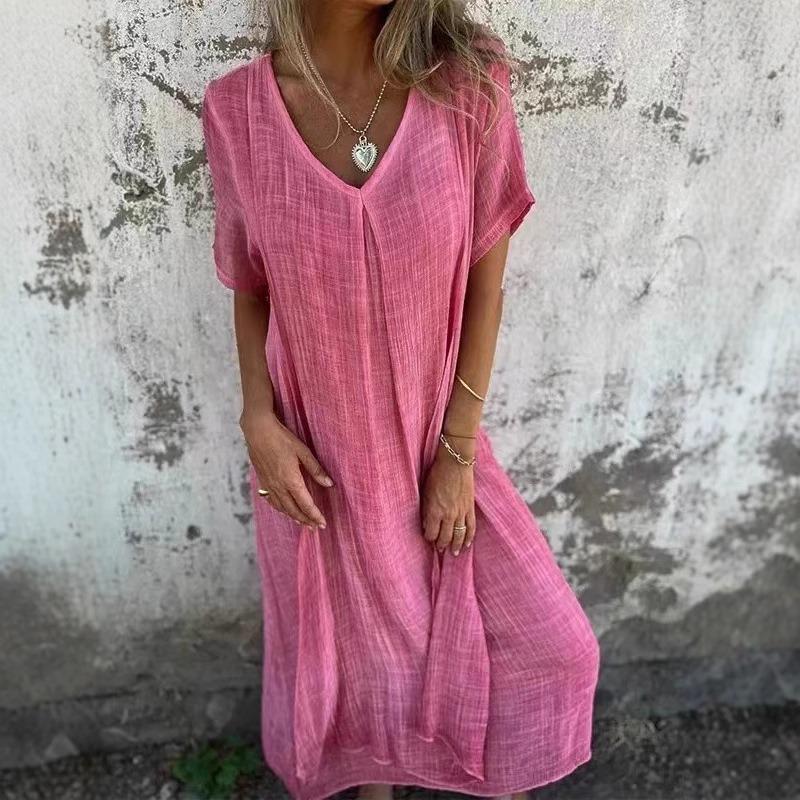 Women's Fashion Summer Spring Solid Color Print Short Sleeve V-Neck High Waist Casual Dresses