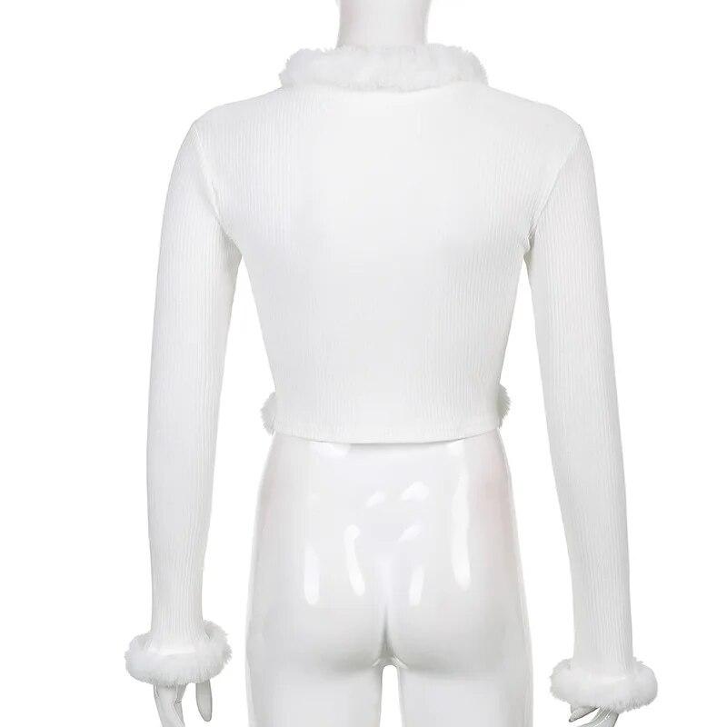 Белая укороченная футболка с длинными рукавами и разрезом в рубчик на шнуровке, осенняя сексуальная повседневная футболка с v-образным вырезом, женская футболка с перьями