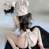 5Pcs/Set Women Sexy Leopard Print Underwear Set Cartoon Ear Hat Sling Bra Lace-up Thong Oversleeve Elastic Thigh Gaiter Set Role Playing Cosplay