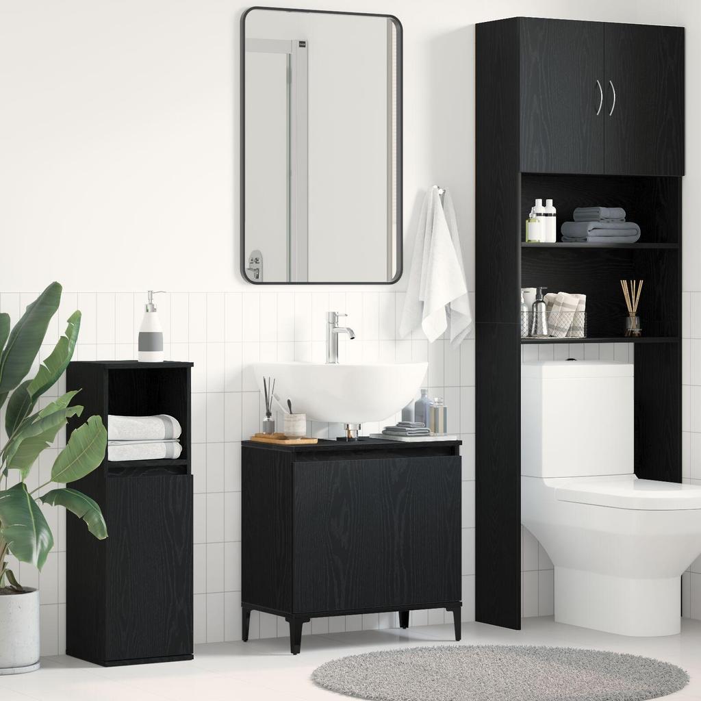 Black Oak Bathroom Sink Cabinet, Triangular Black Legs, Large Storage Space, 58x33x60 Cm Made of Particle Board.