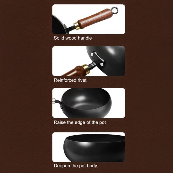 Forged Iron Wok with Wooden Lid Nonstick Skillet Pot Even Heating Fry Pan for Gas Stove Induction Cooker Ergonomic Handle Cooking Pot