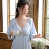 Women's Retro Palace Lace Nightdress, Cotton, Long-Sleeved, V-Tie, Chest Pad, Suitable for Outdoor Wear, Spring/Autumn Homewear