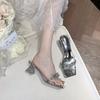 2025 лето новые хрустальные прозрачные шлепанцы на толстом каблуке с горным хрусталем, модные туфли на высоком каблуке для женщин