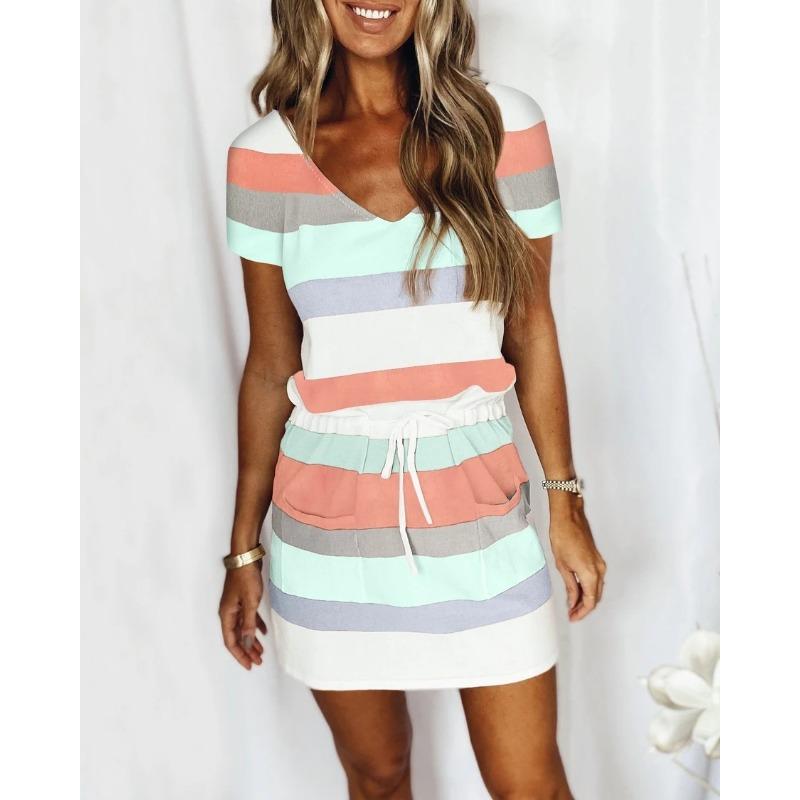 YYFS Women's Fashion Summer Spring Colour Block Print Short Sleeve V-Neck High Waist Casual Dresses