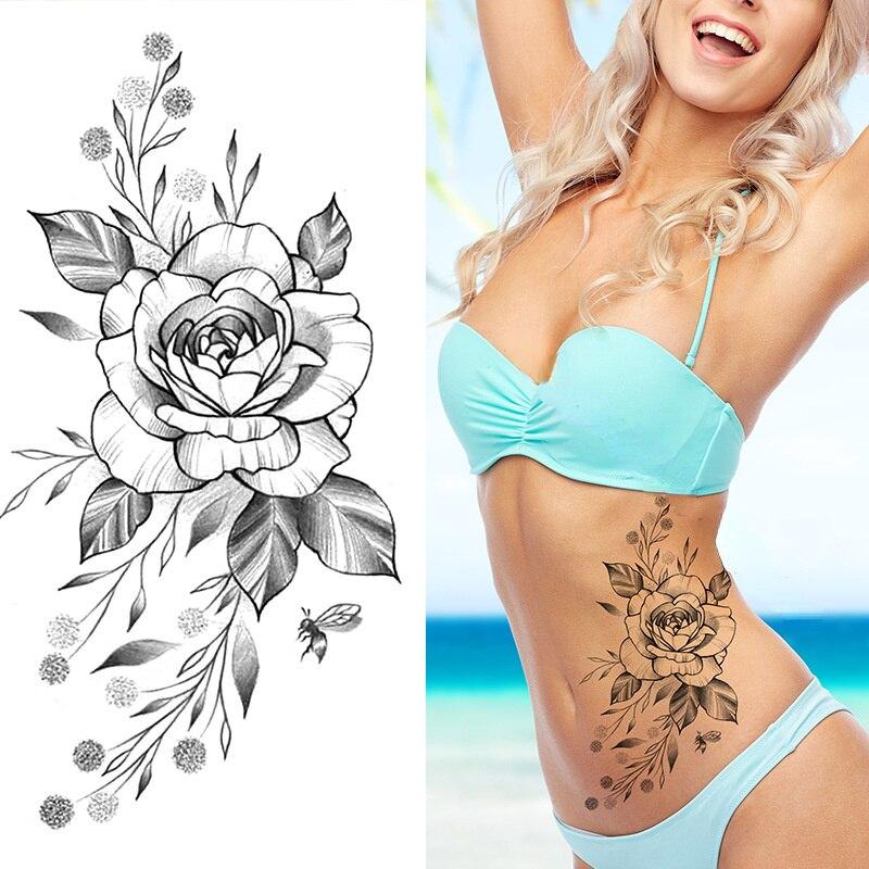 Women Sexy Temporary Tattoo Stickers Black Roses Pattern Full Flower Design Used for Arm Body Art Big Large Fake Tattoo Stickers