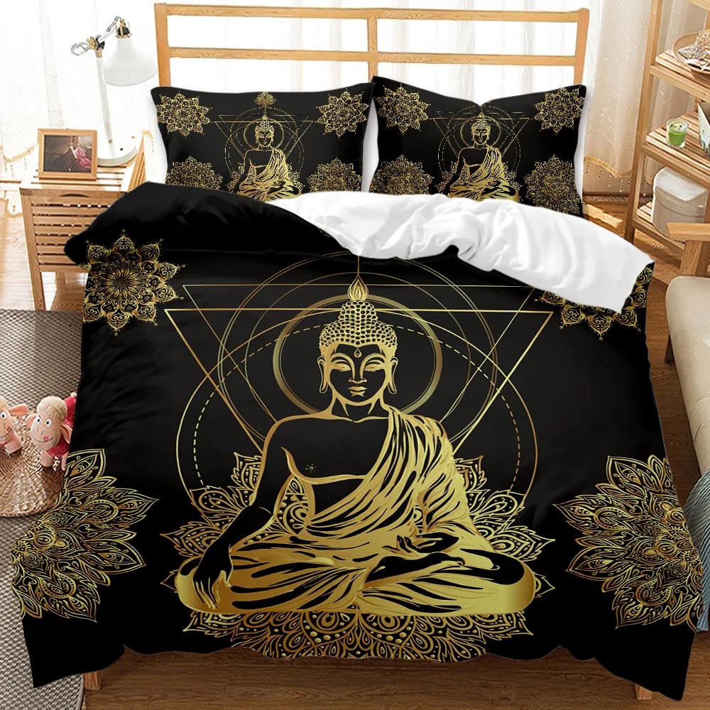 Buddha Statue Duvet Cover Set King/Queen Size,Exotic Golden Buddha Lotus Flowers Comforter Cover Adults Polyester Bedding Set