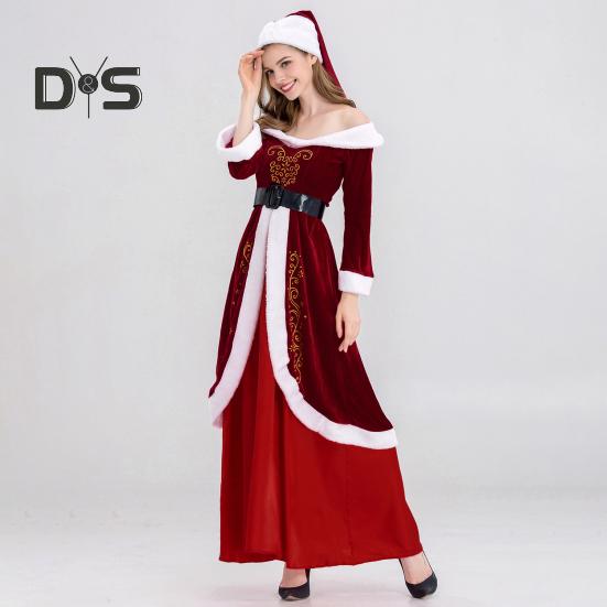 Женское рождественское платье Санта-Клауса с открытыми плечами, цветное ретро-платье в стиле Yoyal с поясом и шляпой, праздничный костюм для выступлений и вечеринок