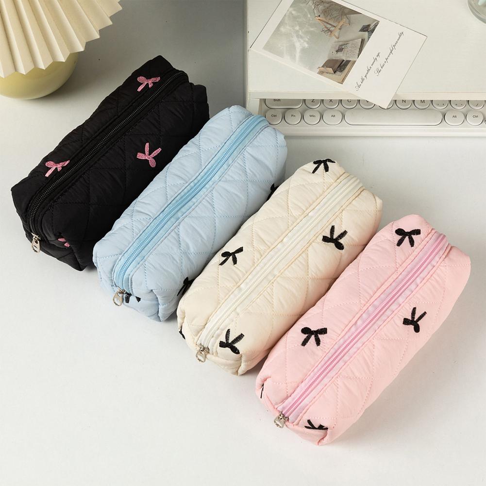 1Pc Simple Bowknot Large Capacity Pencil Bag Fresh Quilting Stationary Storage Bags For Girls Makeup Pouch Pencil Case