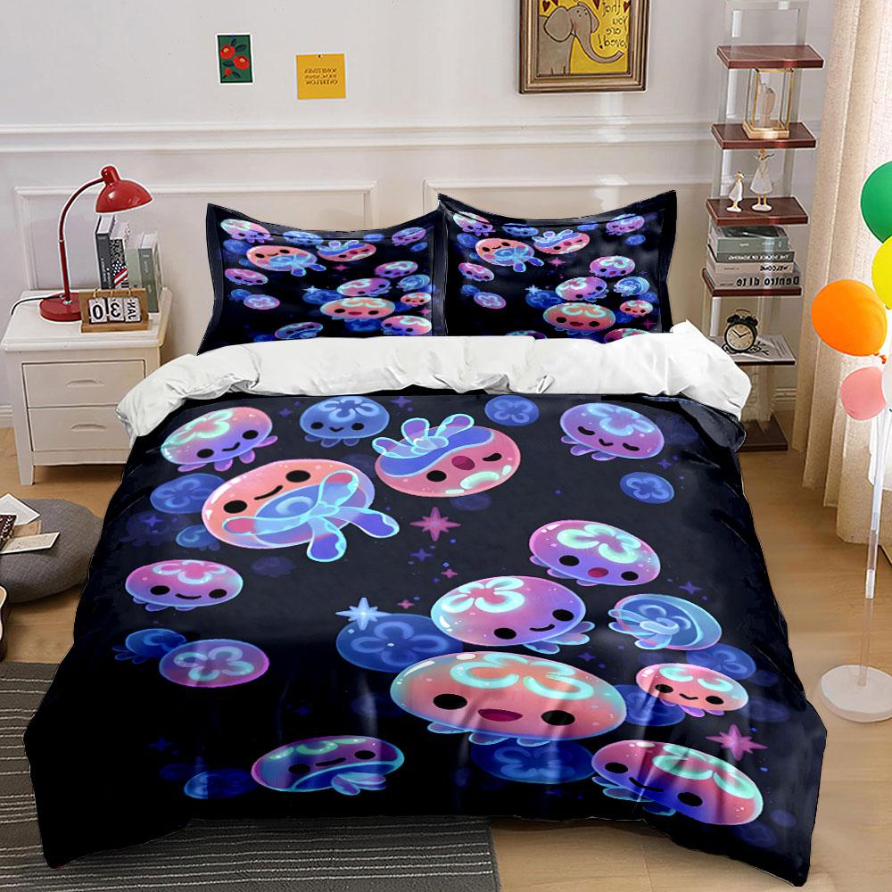 Cute Jellyfish Floating in Night Sky Print Bedding Set 1 Duvet Cover 2 Pillowcases for Adult and Children Luxury Gift Full Size