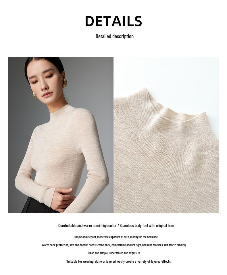 Women's 100% Fine Spun Wool Seamless Sweater, Half-High Neck, Pure Wool Base Layer for Autumn/Winter