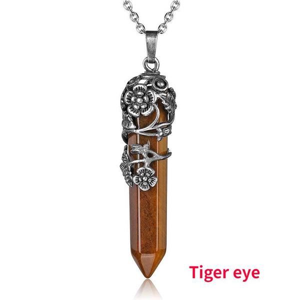 Мода Натуральный Кристалл Шестиугольная Колонка Винтаж Сплав Роза Кулон Аметист Кристалл Ожерелье