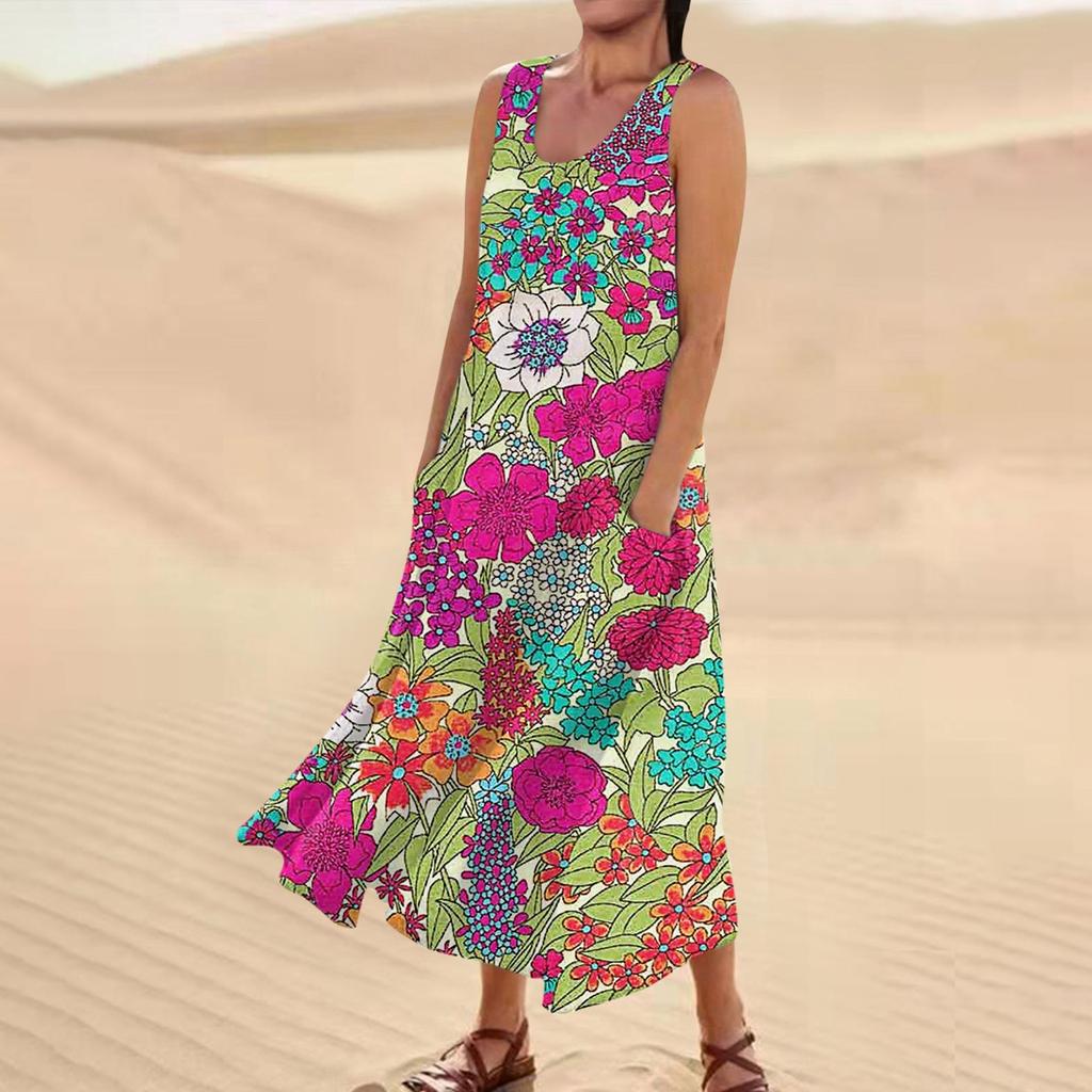Женское повседневное удобное хлопковое карманное платье без рукавов с цветочным принтом