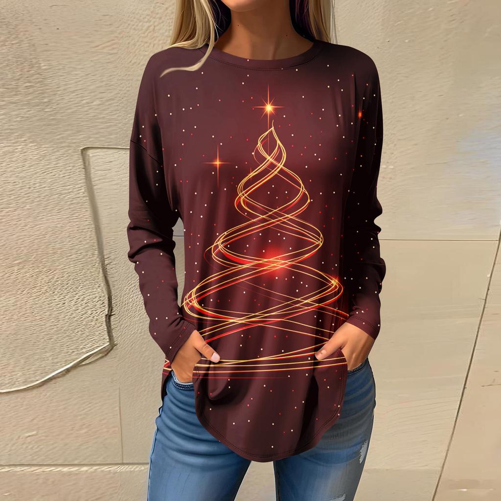 Футболки для женщин, осенние повседневные рубашки с длинными рукавами, толстовка с ретро-принтом, топ для рождественской вечеринки, пуловер