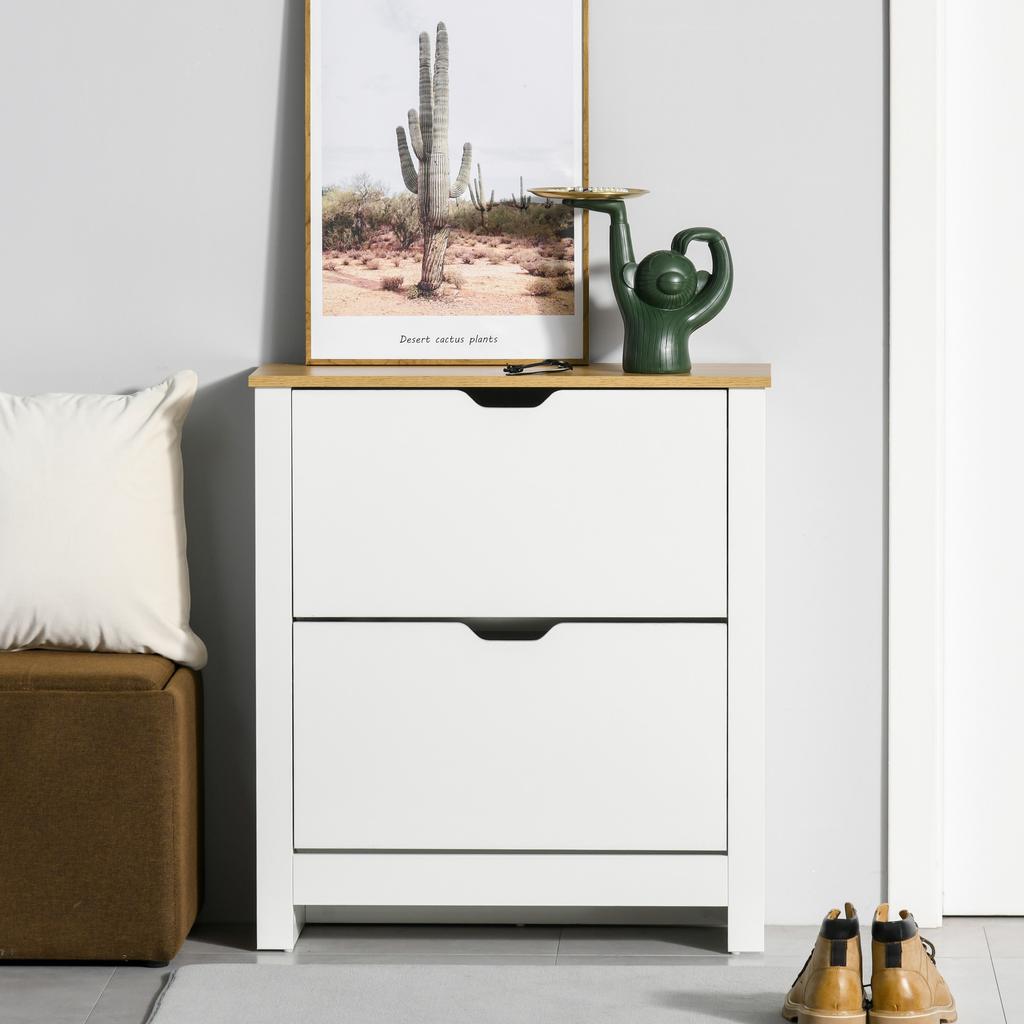 Narrow Shoe Cabinet for 12 Pairs, 2 Drop-Down Drawers, Adj Shelves, 72x26x80cm, White & Oak