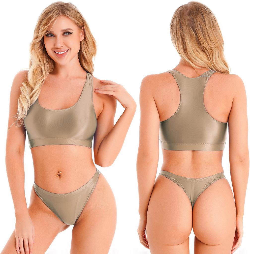 Dámské lesklé bez rukávů tílko s U výstřihem a kalhotky s nízkým pasem sportovní fitness plavkový set