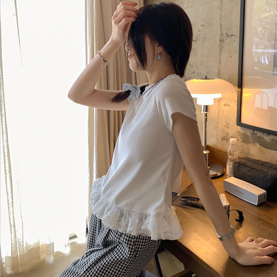 Летняя футболка из чистого хлопка с кружевом для женщин, однотонные футболки с коротким рукавом и круглым вырезом, с рисунком листьев лотоса, облегающие эластичные белые топы