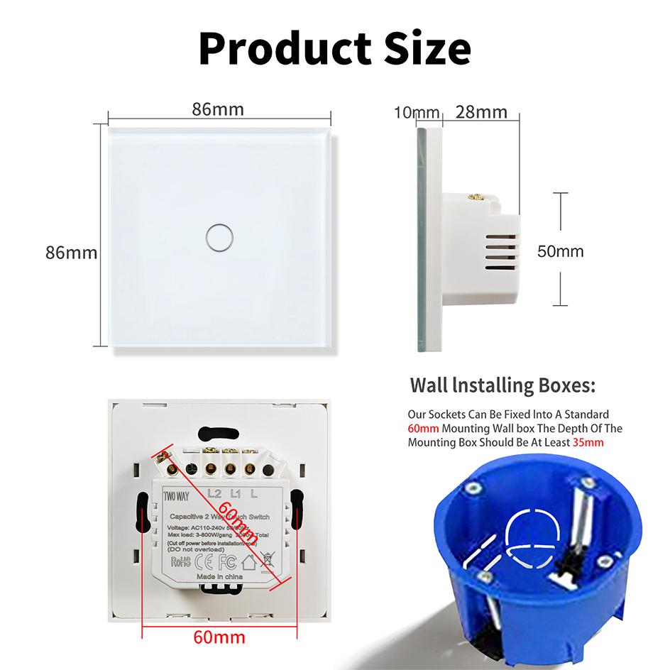 Eu 86 * 86 mm 2 Gang  2 Way Touch Dual Switch Hardened Glass Panel Sensor Switch Staircase Bedroom Switch 220 V 12 a