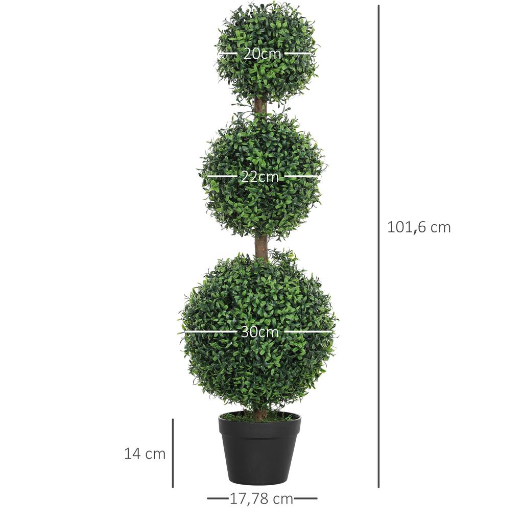 Set of 2 artificial trees 101.6 cm 3 boxwood topiary balls fake plant green PE with pot indoor and outdoor