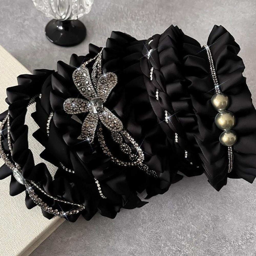 Wide Women Hair Hoop Rhinestone Wrinkle Headband Luxury Black Hairband  Party