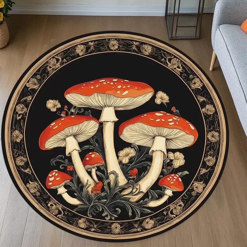 Mushroom Pattern Circle Carpet Utility Round Rug for Living Room Bedroom Deco Kitchen Under Table Floor Mat Non Slip Vintage Rug