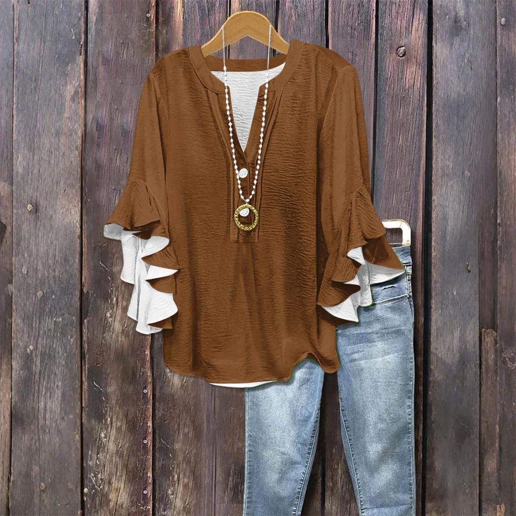 Women's Fashion Casual Button V-Neck Seven Sleeve Vintage Solid Color Shirt Top