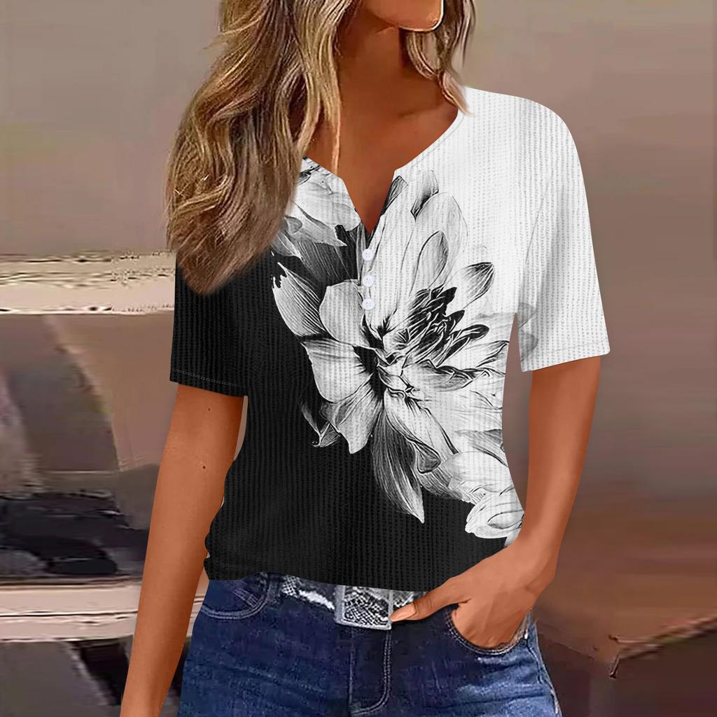 Футболки для женщин, плиссированные, с V-образным вырезом, нарядные, повседневные блузки с принтом, короткие рукава, летние топы, свободный крой