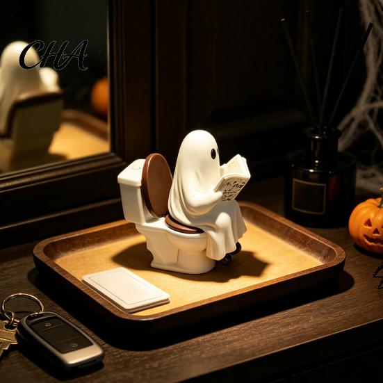 Funny Ghost Figurine Cute Halloween Figurine, Reading on Toilet Resin Statue, Desktop Ornament for Tiered Tray Tabletop Mantel Decor Desk