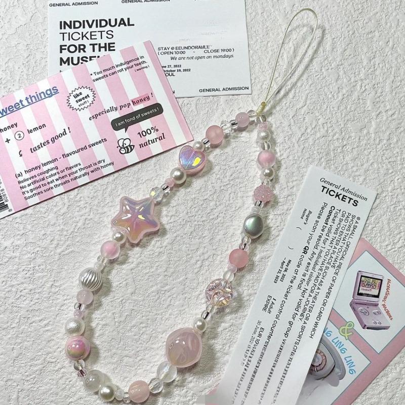 Cute 3D Pink Star Heart Beaded Phone Chain Charm Lanyard For iPhone Samsung Universal Anti-Loss Hanging Rope Jewelry