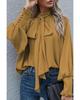 Azura Exchange Mustard Frilled Knotted Mock Neck Bishop Sleeve Blouse