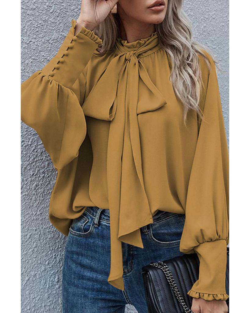 Azura Exchange Mustard Frilled Knotted Mock Neck Bishop Sleeve Blouse