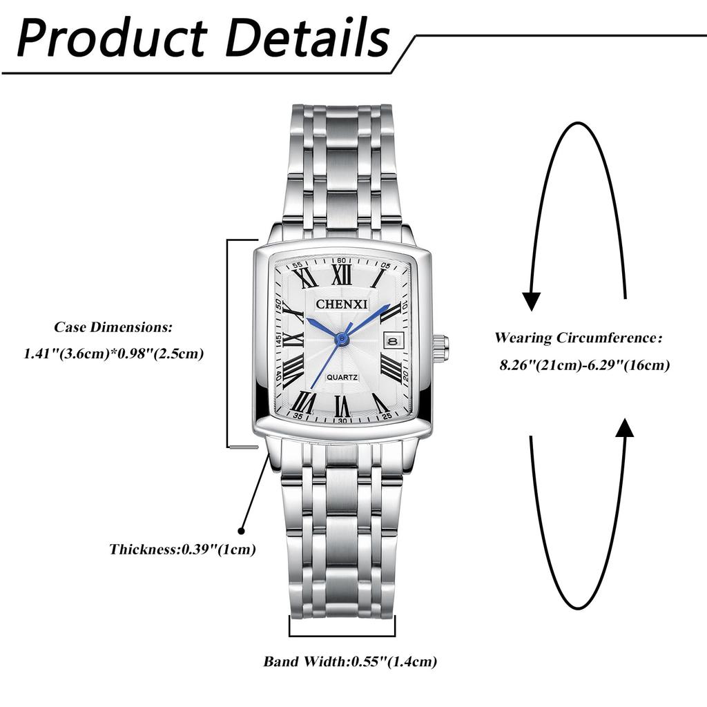 Stainless Steel Calendar Analog 3ATM Waterproof Antique Roman Stylish Pair Watch Square Quartz Watch Silver Fashion Accessories Birthday Anniversary