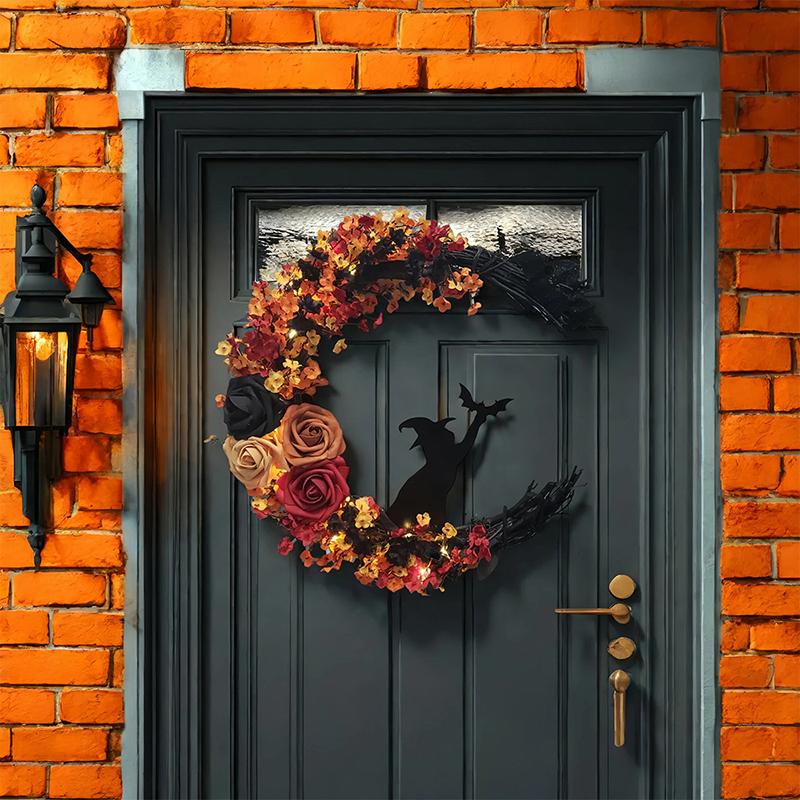 Halloween Gothic Wreath Decor Artificial Moon Cat Garland Handmade Moon Cat Halloween Door Hanging Decor Halloween Decor Supplie