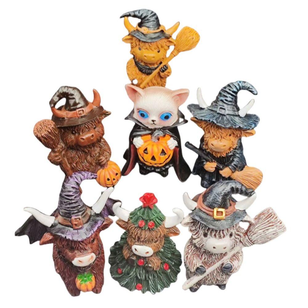 Halloween Tabletop Ornament Resin Christmas Highland Cow Statue Funny Decorative Cow Figurine Cute Animal Sculpture Party