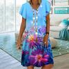Летнее модное платье с v-образным вырезом, женское платье с коротким рукавом, синее платье с принтом хризантем, свободное повседневное платье для женщин
