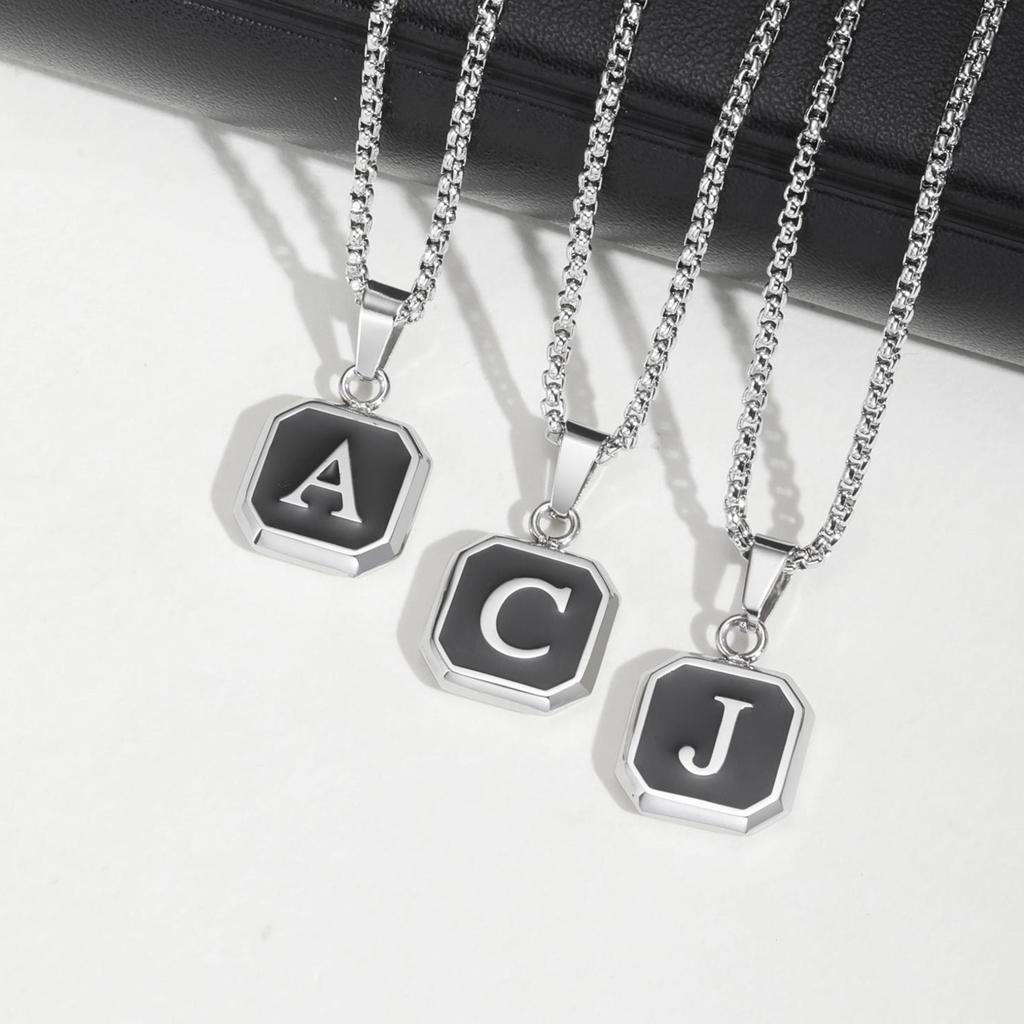 Initials Square Pendant Necklace for Men Women,50/55/60CM Waterproof Stainless Steel Necklace,Trendy Zircon Gift