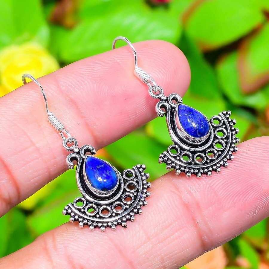 Natural Lapis Lazuli Gemstone 925 Sterling Silver Gift Earring 1.58" G4g90