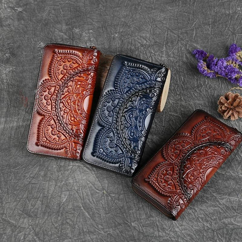Johnature Retro Women Wallet Long Hand Bag Nature Cow Leather Handmade Embossed Floral Phone Purse