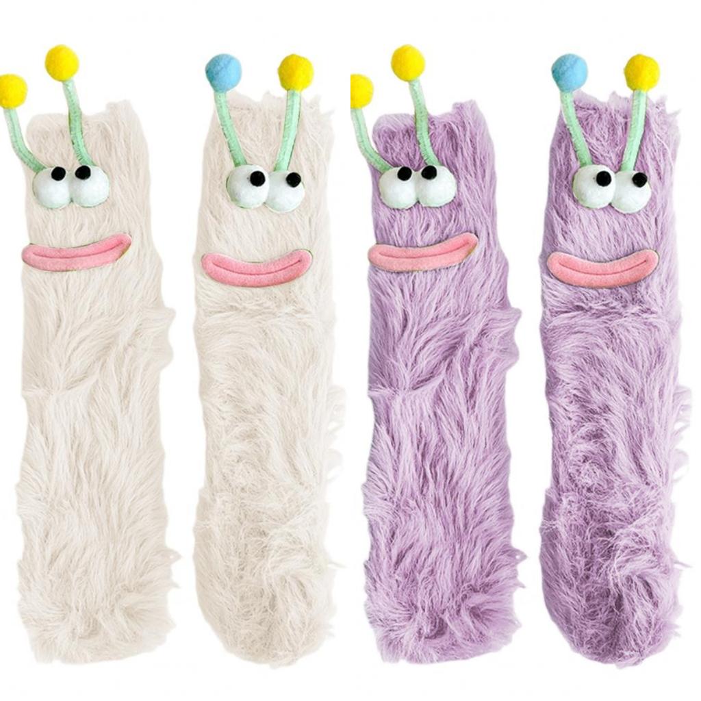 2Pairs Cartoon Funny Tube Socks Big Eyes Furry Plush Sock Soft Coral Fleece Socks Gifts