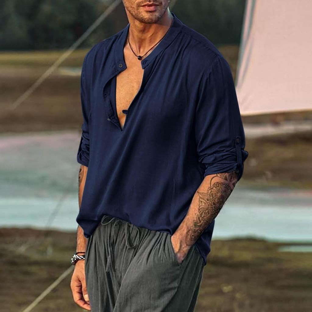 Мужская полуоткрытая рубашка, разноцветная хлопково-льняная рубашка, круглый вырез, модный рукав, рубашка с длинными рукавами