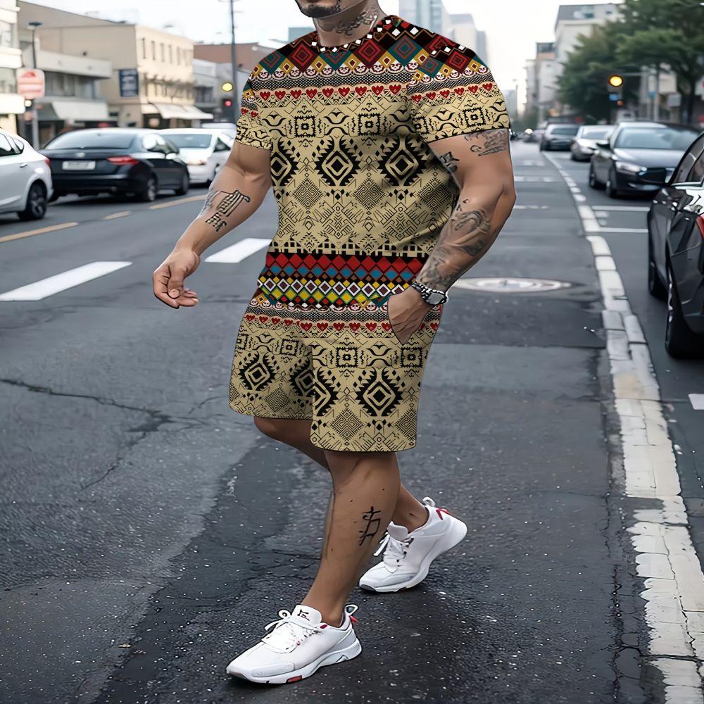 Trendy Men's Summer Suit Casual Ethnic Style 3D Printed Sportswear Short-sleeved Suit Oversized Round Neck T-shirt 2-piece
