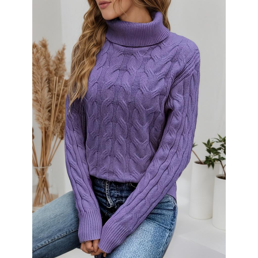 Women's High Collar Sweater - Soft Elastic Pullover, Essential Solid Color Top for Autumn and Winter, Hand Washed, Comfortable and Fitted