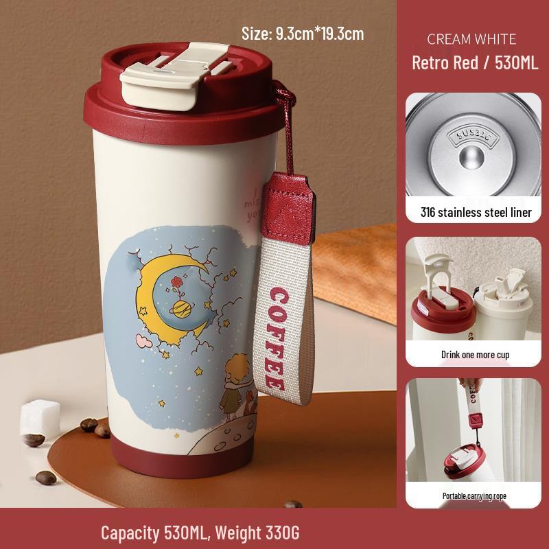 Термокружка из нержавеющей стали 316 для детей «Маленький принц» с трубочкой - Портативная версия, Кофейная и Подарок на день рождения