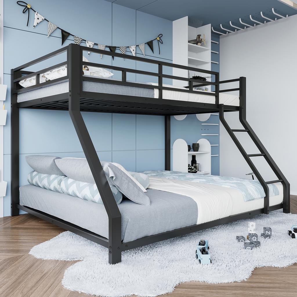 Двухъярусная кровать, 90*200 см 140*200 см, Бортик, Лестница, Сертифицирована EN747, без матраса, Металл, Черный