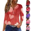 Женская модная повседневная футболка с V-образным вырезом и декоративными пуговицами на День святого Валентина с рукавом три четверти