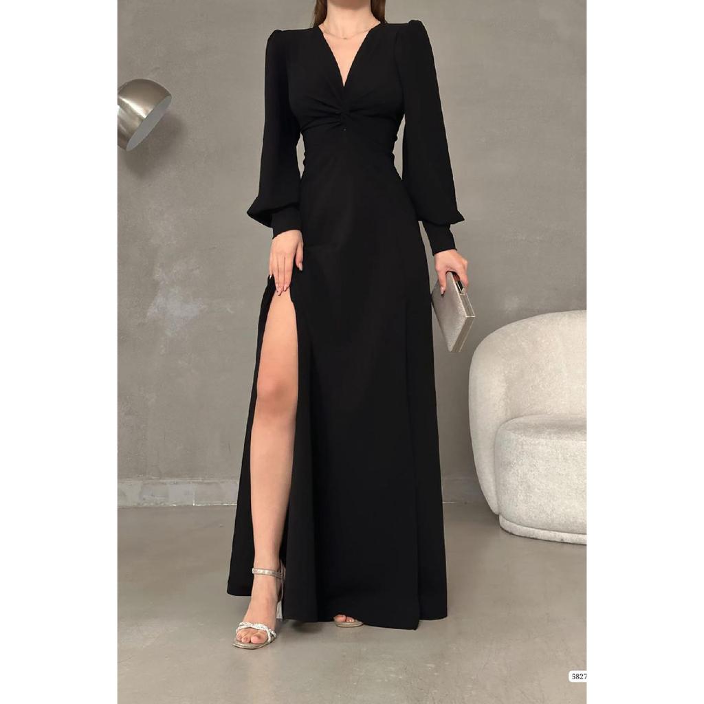 Black Crepe Fabric Front Knot Detail Maxi Length Long Sleeve Double Slit Dress